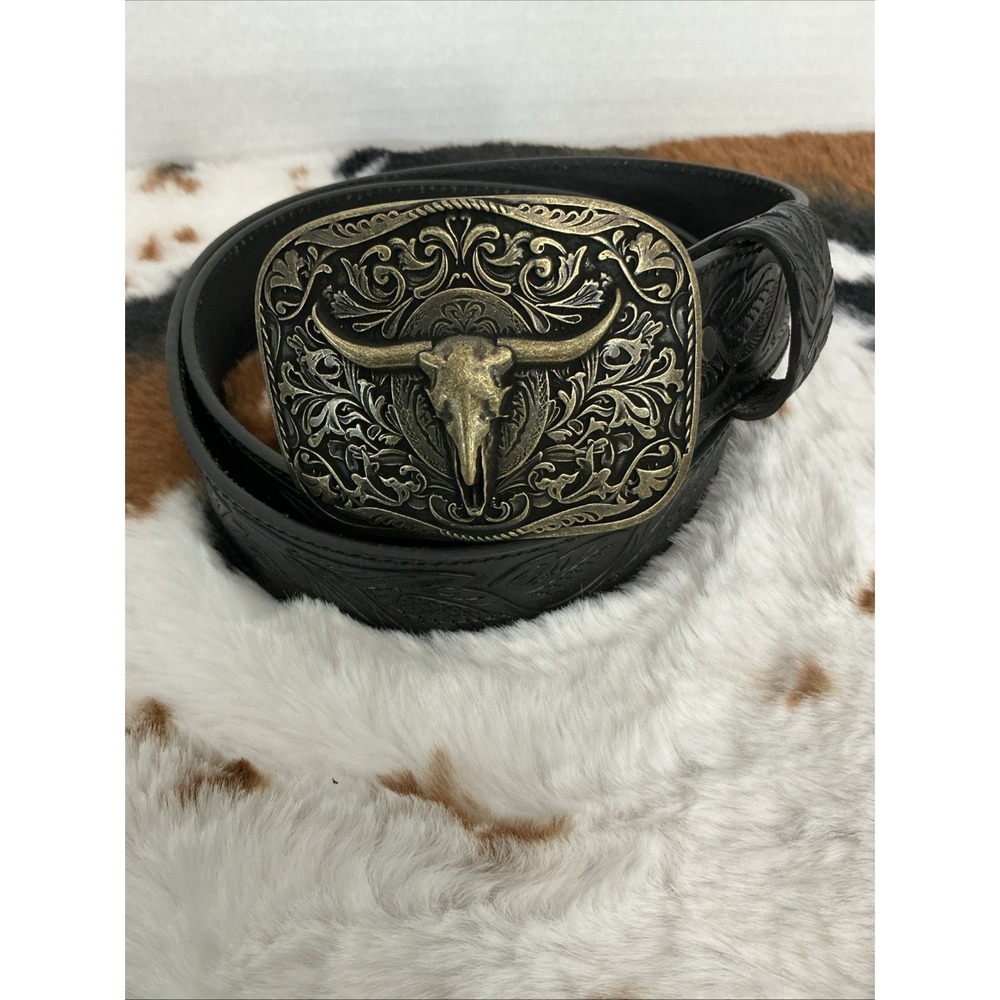 Cody James Men's Black Tooled Belt Antique Brass Finish 3D Longhorn Buckle 40